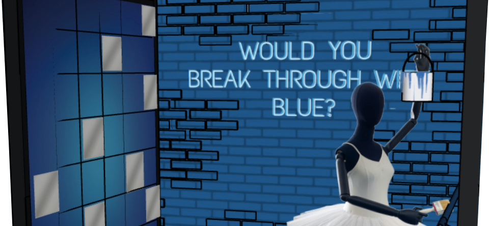 Meggy's Schaufensterkonzept - Ein bla gestaltetes Schaufenster, im Vordergrund eine Ballerina im weißen Tütü, im Hintergrund leuchtet die Frage "Would you break through with blue?" an einer Wand.