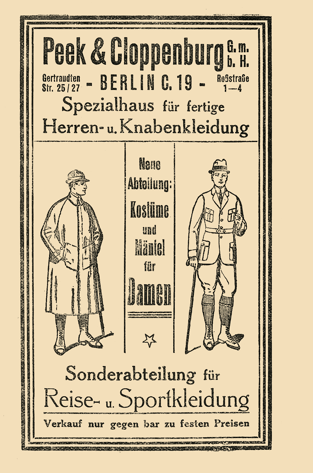 Historisches Werbeplakat für Reise- und Sportbekleidung.